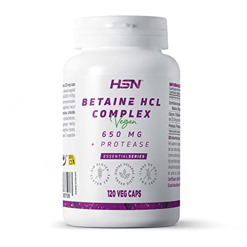 Betaína HCl 650 mg de HSN | 120 Cápsulas Vegetales para 2 Meses de Suministro | Complejo con Clorhidrato de Betaína (TMG) + Proteasa + Cloruro de Potasio | No-GMO, Vegano, Sin Gluten