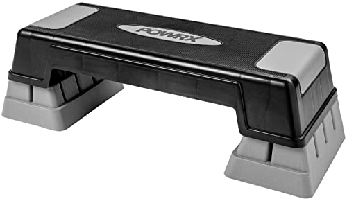 POWRX Step Fitness/aeróbic escalón (63 x 24 cm) - Stepper ideal para ejercicios en casa - Altura regulable y Superficie antideslizante + PDF Workout (Negro/Gris)