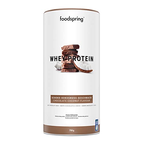 foodspring Whey Proteína Polvo Chocolate y Coco - 22g de proteína para construcción muscular, perfectamente soluble, leche de libre pastoreo, rica en BCAAs y EAAs - 750g