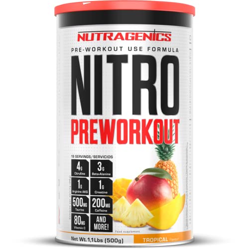 Nutragenics Nitro Preworkout - 500 g - pre entrenos potentes - Pre workout gym con Arginina, Beta Alanina, Citrulina, Creatina, Taurina, Cafeina - Preentreno gimnasio Prework Gym (Tropical)