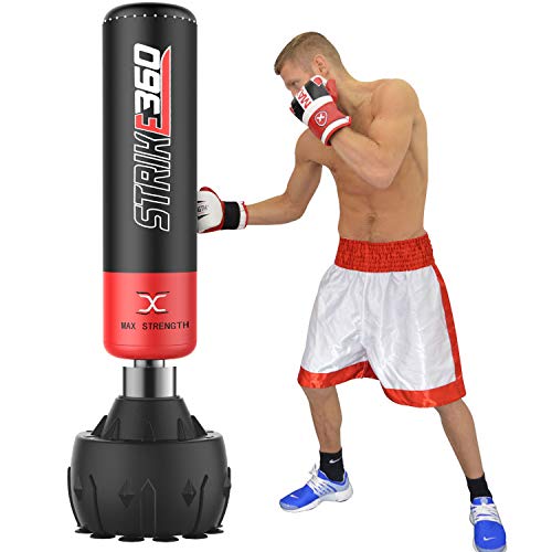 Saco de boxeo de pie de 1,8 m, resistente, para sparring y artes marciales mixtas, fitness, boxeo, patada, gimnasio, entrenamiento, saco de boxeo, soporte con base de ventosa (negro/rojo Strike 360)