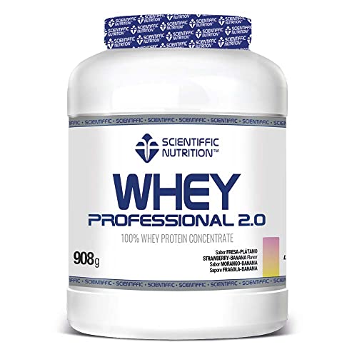 Scientiffic Nutrition - Whey Professional 2.0 Proteinas Whey en Polvo 100% Pura, para Aumentar la Masa Muscular, con Enzimas Digestivas y Lactasa - 908g, Sabor Fresa - Plátano.
