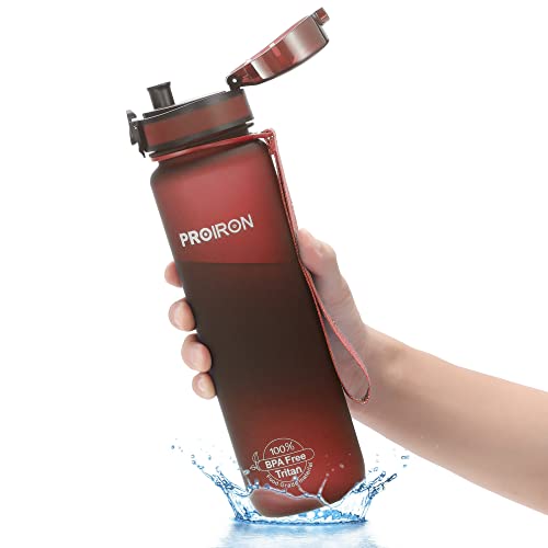 PROIRON Botella de Agua 1 litro para Niños, Deporte, Escuela- Botella Agua de Tritan con Filtro, A Prueba de Fugas, sin BPA (Rojo Oscuro)