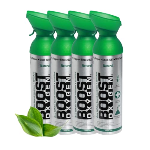 Boost Oxygen - Botella de Oxígeno Portátil - Lata de Oxigeno 95% Puro y Natural - Concentración, Recuperación, Energía, Estado de Ánimo, Grande - 36L, 4x9L (4x Envases - 600 Inhalaciones) - Natural