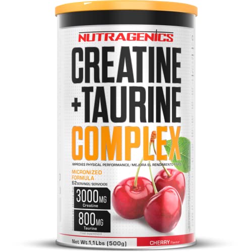 Nutragenics Creatine + Taurine - 500 g - Creatina monohidrato micronizada - Creatina en polvo con sabor – Creatine monohydrate – Creatina 500g - creatina monohidratada (Cereza)