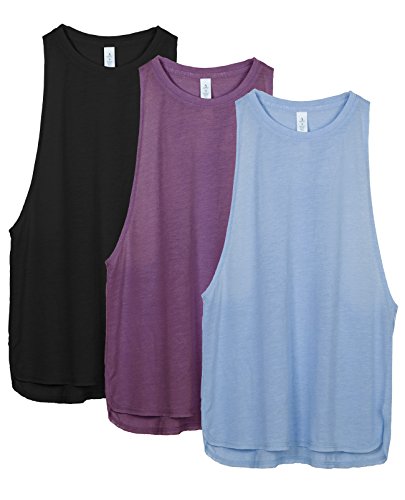icyzone Sueltas y Ocio Camiseta de Fitness Deportiva de Tirantes para Mujer, Pack de 3 (XL, Negro/UVA Morada/Azul Cielo)
