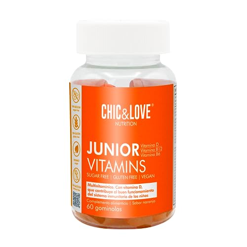 Gominolas para niños Junior Vitamins | Vitaminas D, B12 y B6 | SIN Gluten, SIN Lactosa, Sin Azúcar, Vegano | Sabor Naranja (60 Gominolas, 1 mes)