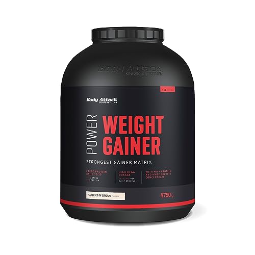 Body Attack Power Weight Gainer (aumento de peso), galletas y crema, 4,75 kg, 100% desarollo masa, carbohidrato- proteína en polvo para el aumento muscular con proteína de suero, ideal para Hardgainer