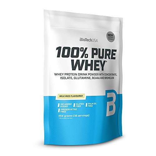 BioTechUSA 100% Pure Whey Complejo de suero de leche con bromelina, aminoácidos, sin azúcar añadido, sin aceite de palma, con edulcorante, 454 g, Arroz con leche