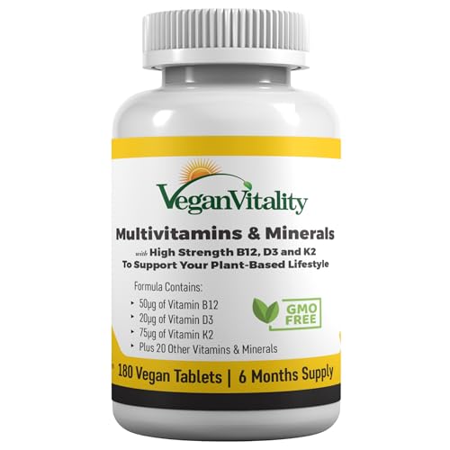 Multivitaminas y minerales veganos con vitamina B12, D3 y K2 de alta resistencia. 180 tabletas multivitamínicas - 6 meses de suministro. Diseñado para veganos y vegetarianos