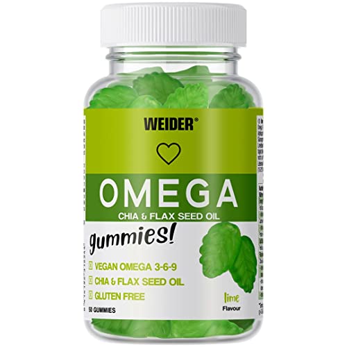 Weider - Omega Gummies, Gominolas de Ácidos Grasos Omega 3-6-9, 100% Vegetal con Semillas de Chía y Lino, Sin Azúcares y Sin Gluten, Apta para Veganos, Sabor Lima - Bote de 50 gominolas