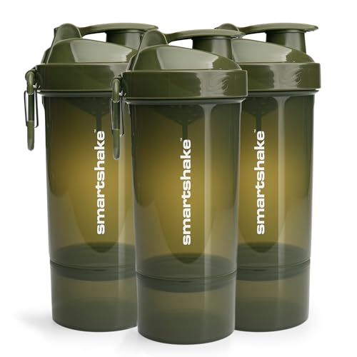 Smartshake O2GO One Plastic Proteína Shaker Bottle 800 ml | 27 oz - Leakproof Screw-on Lid - BPA Free - Unisex - Army Green - Pack de 3