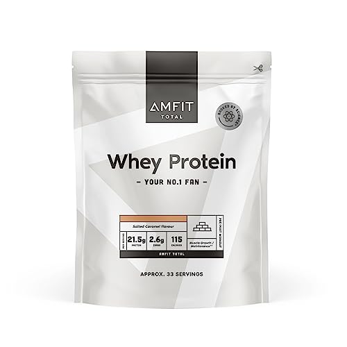 Marca Amazon - proteína de suero en polvo Amfit Nutrition, caramelo salado, nuevo sabor, 33 porciones, 1 kg (Paquete de 1)