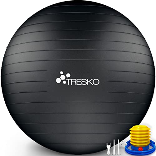 TRESKO® Pelota de Gimnasia Anti-Reventones | Bola de Yoga Pilates y Ejercicio | Balón para Sentarse | Balon de Ejercicio para Fitness | 300 kg | con Bomba de Aire | Negro | 65cm