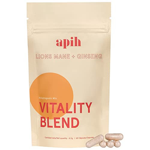 Vitality Blend - Suplemento de hongo de melena de león, ginseng y vitaminas B6 y C - Lions Mane para memoria y concentración - Libre de gluten y azúcares añadidos - 60 cápsulas