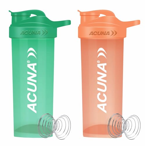 ACUNA Botella coctelera de 700 ml (paquete de 2), botella agitadora de suplementos de gimnasio con bola de mezcla de acero, a prueba de fugas, botella agitadora de proteínas sin BPA (naranja,verde)