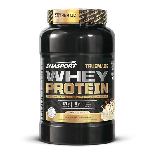 Truemade Whey Protein - Enasport. Proteina de suero de leche en polvo con BCAA, favorece la recuperacion y el crecimiento muscular (Vainilla, 907 g)