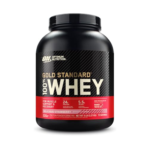 Optimum Nutrition Gold Standard 100% Whey, Proteína en Polvo para Recuperacíon y Desarrollo Muscular con Glutamina Natural y Aminoácidos BCAA, Sabor Fresa Deliciosa, 76 Dosis, 2.28 kg