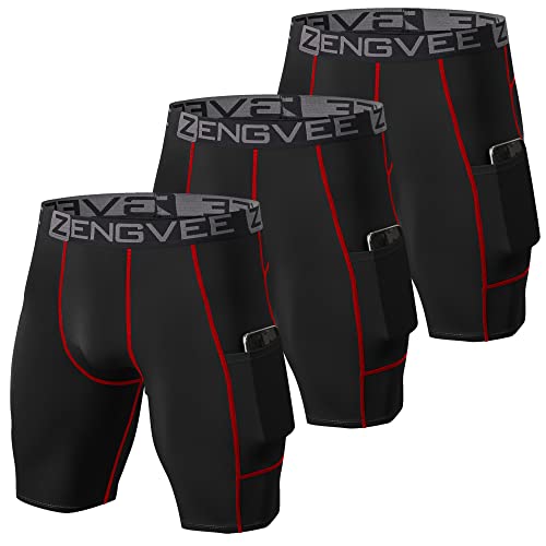 ZENGVEE 3 Piezas Mallas Deporte Hombre Secado Rápido Pantalón Corto Running con Bolsillo para Gym, Yoga, Running(1011-Black-Red-M)