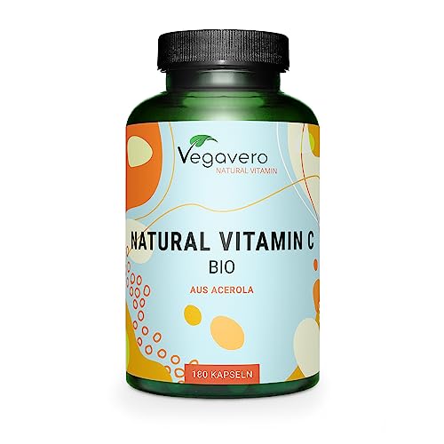 BIO Vitamina C Natural Vegavero® | 180 mg | 180 Cápsulas | Sin Aditivos Artificiales | De Extracto de Acerola Orgánica de Brasil | Sistema Inmunitario | Testado en Laboratorio | Apto para Veganos