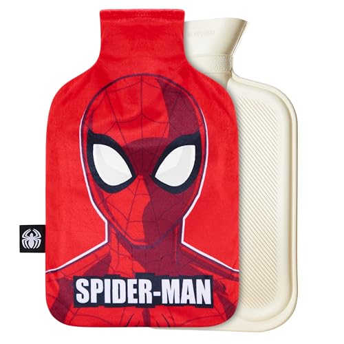 Marvel Bolsa de Agua Caliente con Funda de Franela - Botella de Agua Caliente de Caucho Larga, Capacidad de 1,7 o 2 Litros - Marvel Regalos para Hombres (Rojo Spiderman)