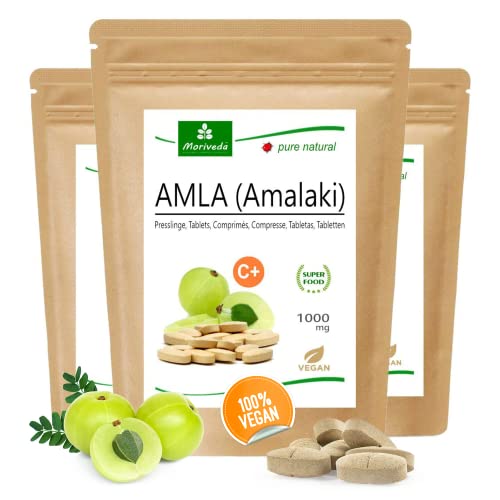 MoriVeda® Amla Tablets 1000mg Vitamin Bomb, producto natural con vitamina C, cromo, minerales, proteínas y vitaminas del grupo B, Sistema inmunitario, antioxidante (varios tamaños), 180 comprimidos