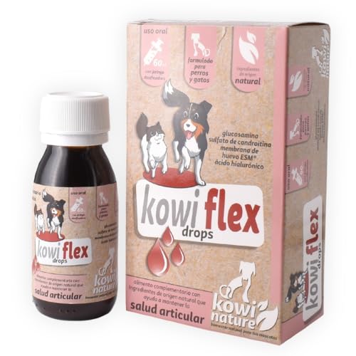 KOWINATURE Kowi Flex Drops Complemento Alimenticio Suplemento Condroprotector para Perros y Gatos cualquier edad raza Ingredientes Naturales aporta Flexibilidad Movilidad en Articulaciones Frasco 60ml