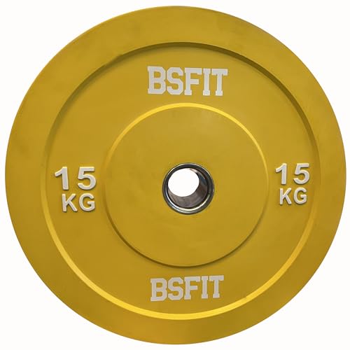 BSFIT® 1 disco de 15 kg pesas duraderos de caucho, Disco olimpico bumper discos, calidad premiun centro de acero orificio olimpico de 50mm