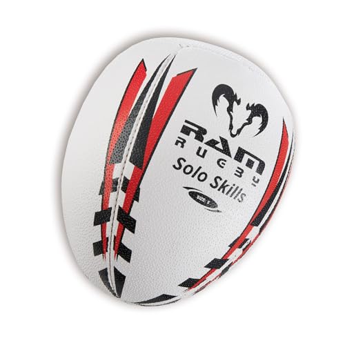 Ram Rugby Balón de rugby Solo Skills (tamaño 5, 4 y 3): practica la técnica de pases y manejo de rugby con esta innovadora pelota de rugby Rebounder Half Rugby.
