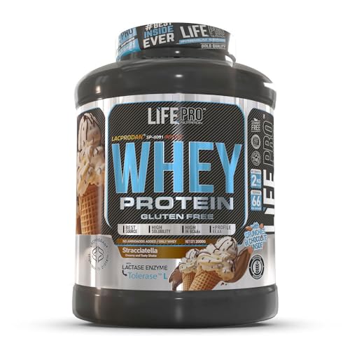 Life Pro Whey 2Kg | Alimento Deportivo, 78% Proteína de Concentrado de Suero, Protege Tejidos, Anticatabolismo, Crecimiento Muscular y Facilita Períodos de Recuperación | Sin Gluten (Stracciatella)