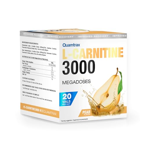 Quamtrax Nutrition - Carnitina 3000-20 viales x 25ml - con sabor a Frutos del Bosque - Mejora la Energía, Resistencia y Rendimiento. (Pera, 25ml)