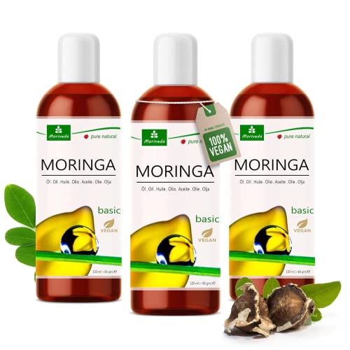 MoriVeda Moringa Oil Basic 300ml, prensado a partir de semillas y vainas de Oleifera, para el cuidado de la piel, cuidado del cabello, cuidado de heridas, aceite de behen antienvejecimiento (3x100)