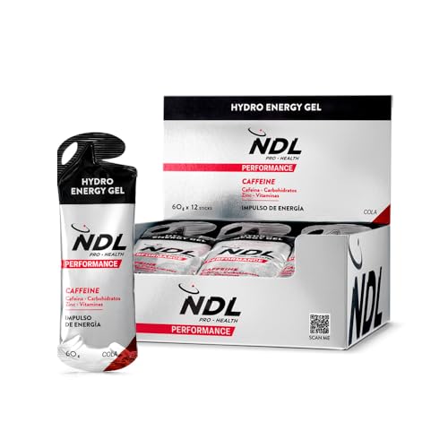 NDL Pro-Health Hydro energy gel - Gel energético deportivo con carbohidratos y sales minerales, bajo en azúcar, aporte energético inmediato, apertura fácil, con cafeína, sabor cola, Pack 12-720g