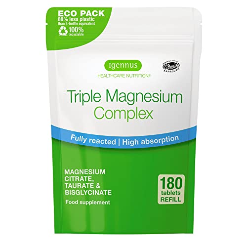Complejo Triple de Magnesio, suplemento de magnesio quelado con citrato, glicinato y taurato de magnesio, vegano, 90 dosis