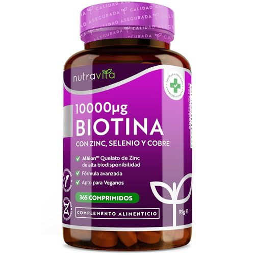Biotina 10.000 mcg con Zinc, Selenio y Cobre - 365 comprimidos - Quelato de Zinc Albion® para una Mejor Absorción - Suplemento Vegano Biotina para cabello, piel y uñas de Alta Dosis - Nutravita