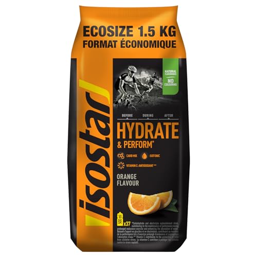 Isostar Hydrate & Perform, 1,5 kg de Bebida Electrolítica Isotónica, Bebida de reposición de hidratos de carbono y electrolitos, Sabor Naranja, 37 raciones