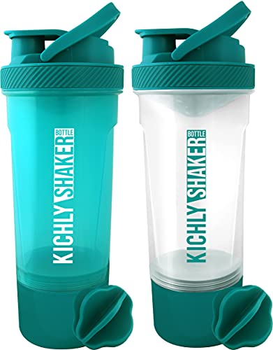 KICHLY 2 Pack Botella shaker proteinas con batidor Blenderball clásica (700 ml) - Tapa antiderrames con Envase de almacenamiento suplementos - Perfecto para Entrenamiento (Verde Azulado y Claro)