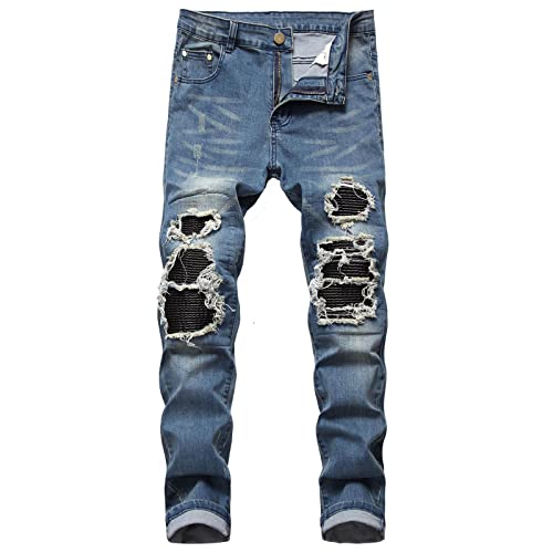 ZEZKT Pantalón Vaquero Hombre Pantalones Vaqueros Slim Fit para Hombre Biker Jeans Rectos Azul Pantalones Vaqueros Personalizados Patch Hole Antiguos Chinos Vintage (Cinturón No Incluido)
