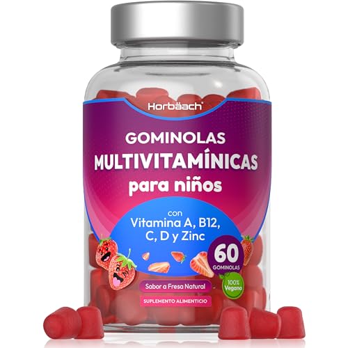 Gominolas Multivitaminas para Niños | Sabor Fresa | 14 nutrientes esenciales | 60 Gummies Veganas | Multivitamin Gummies con vitamina A, B12, C, D y zinc | by Horbaach