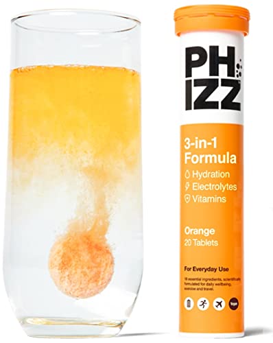 Phizz Electrolitos, Multivitaminas e Hidratación Efervescente 20 Comprimidos - 18 Vitaminas y Minerales, Vitamina C, Vegetariano y Bajo en Calorías (Naranja, 20 Pastilla)