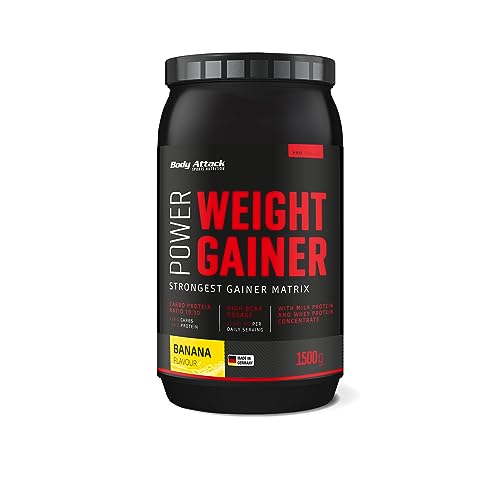 Body Attack Power Weight Gainer (aumento de peso), platano, 1,5 kg, 100% desarollo masa, carbohidrato- proteína en polvo para el aumento muscular con proteína de suero, ideal para Hardgainer
