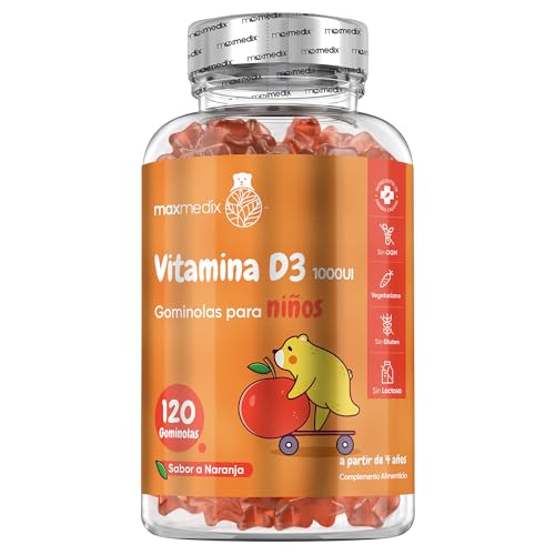 Vitamina D3 para Niños, 1000UI por Porción, 120 Gominolas para 4 Meses de Suministro - Sabor a Naranja - Contribuye al Funcionamiento Normal del Sistema Inmune y al Crecimiento de los Huesos