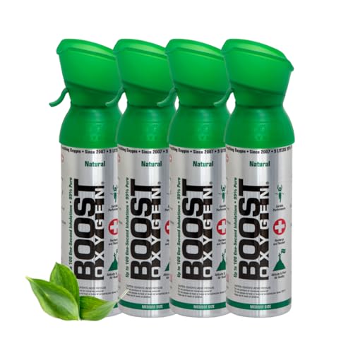 Boost Oxygen - Botella de Oxígeno Portátil - Lata de Oxigeno 95% Puro y Natural - Concentración, Recuperación, Energía, Estado de Ánimo, Mediano - 20L, 4x5L (4x Envases - 400 Inhalaciones) - Natural