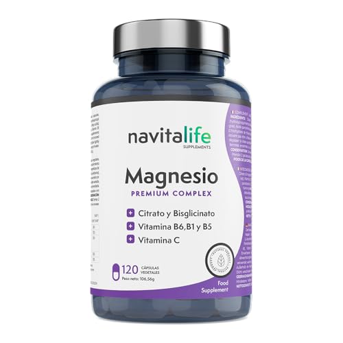Magnesio puro. Citrato de magnesio 1545 mg + Bisglicinato de magnesio 600 mg + Vitamina C, B6, B1, B5. Reduce Cansancio y Fatiga. Alivia el dolor articular y muscular. 120 cápsulas vegetales.