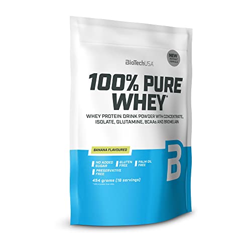 BioTechUSA 100% Pure Whey | Proteína en Polvo con BCAA y Glutamina | Sin Gluten, Sin Aceite de Palma, 454 g, Plátano