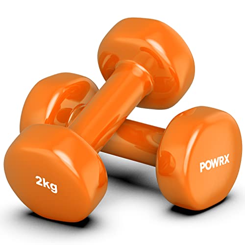 POWRX Mancuernas vinilo 4 kg set (2 x 2 kg) + PDF Workout (Orange)