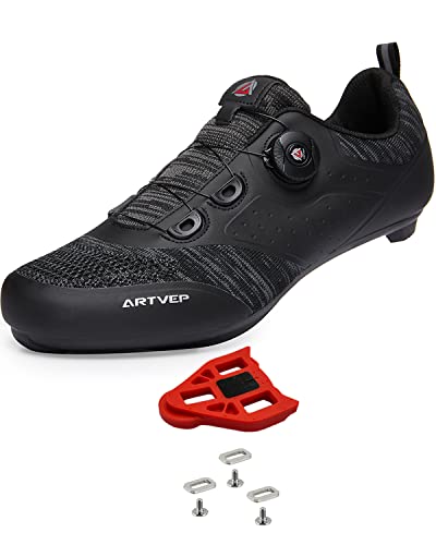 ARTVEP Zapatos de Ciclismo para Hombre y Mujer, Zapatos Bicicleta de Carretera MTB Compatibles con SPD SPD-SL Delta Pedal Look, Zapatos Transpirables para Bicicleta Peloton Negro EU 42