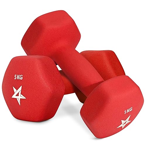 Yes4All YJ9U Hexagonales Par de mancuernas de neopreno (1 kg to 7 kg) - Pesos Fitness, 5 KG x 2, Red