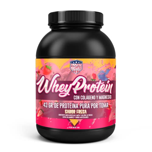 Whey Protein con Colágeno y Magnesio | 43gr de proteína pura por toma | Recuperación y crecimiento muscular | Previene la pérdida muscular | 1000 gr (Fresa)