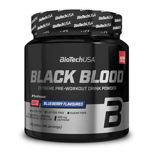 BioTechUSA Black Blood CAF+ Bebida Pre-Entrenamiento en Polvo con 12 Ingredientes Activos y 200mg de Cafeína por porción - Libre de Azúcar, Lactosa y Gluten, 300 g, Arándanos
